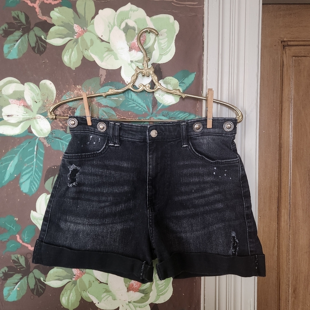 GUESS Black Denim Shorts Sz 29 Distressed Paint Splatter Cuffed Y2K GrungeSSRIsS